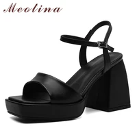 meotina women shoes genuine leather super high heel platform thick heel sandals square toe ladies footwear fashion summer white