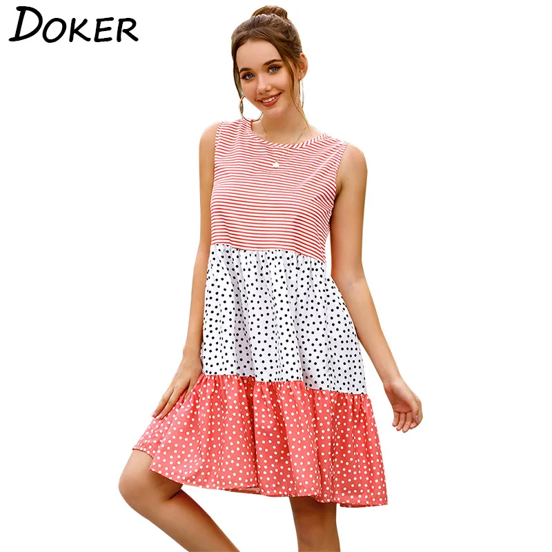 

Polka Dot Patchwork Pleated Big Swing Sleeveless Women Dress Casual Loose O Neck Party Beach Holiday Female Dresses