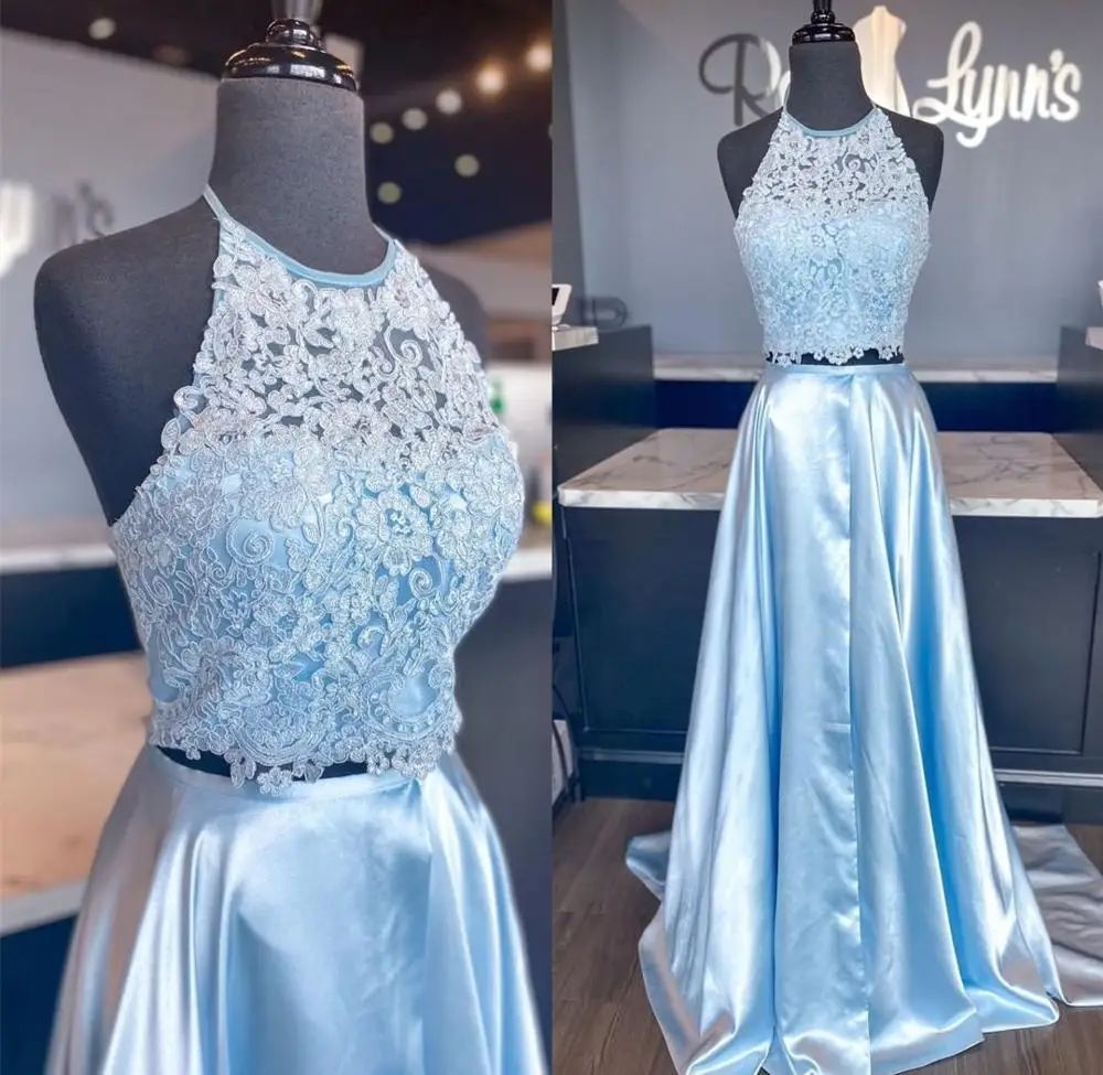 

2021 Prom Dress 2 Piece Sky Blue Floor Length Lace A-Line Elegant Gowns Vestidos De Novia Corte Sirena Con Mangas Custom Made