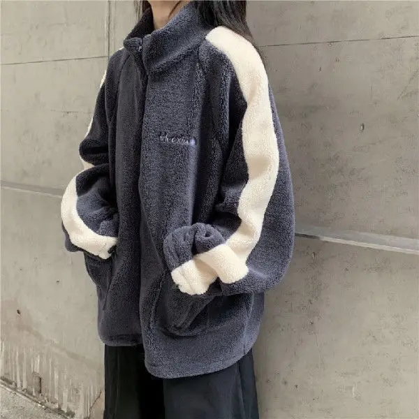

Harajuku oversized sweatshirt Korean version 2021 new lamb fluff sports wind loose stand-up collar baseball uniform jacket women
