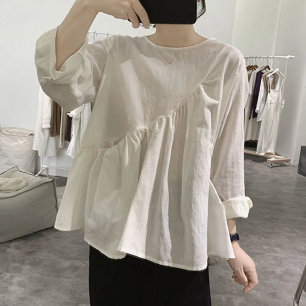 

Loose Women Ruffle Shirts Tops Summer Puff Sleeve Pleated Blouse Femem 2021 Korean Japan Style Black New Blousa Shirts Tops