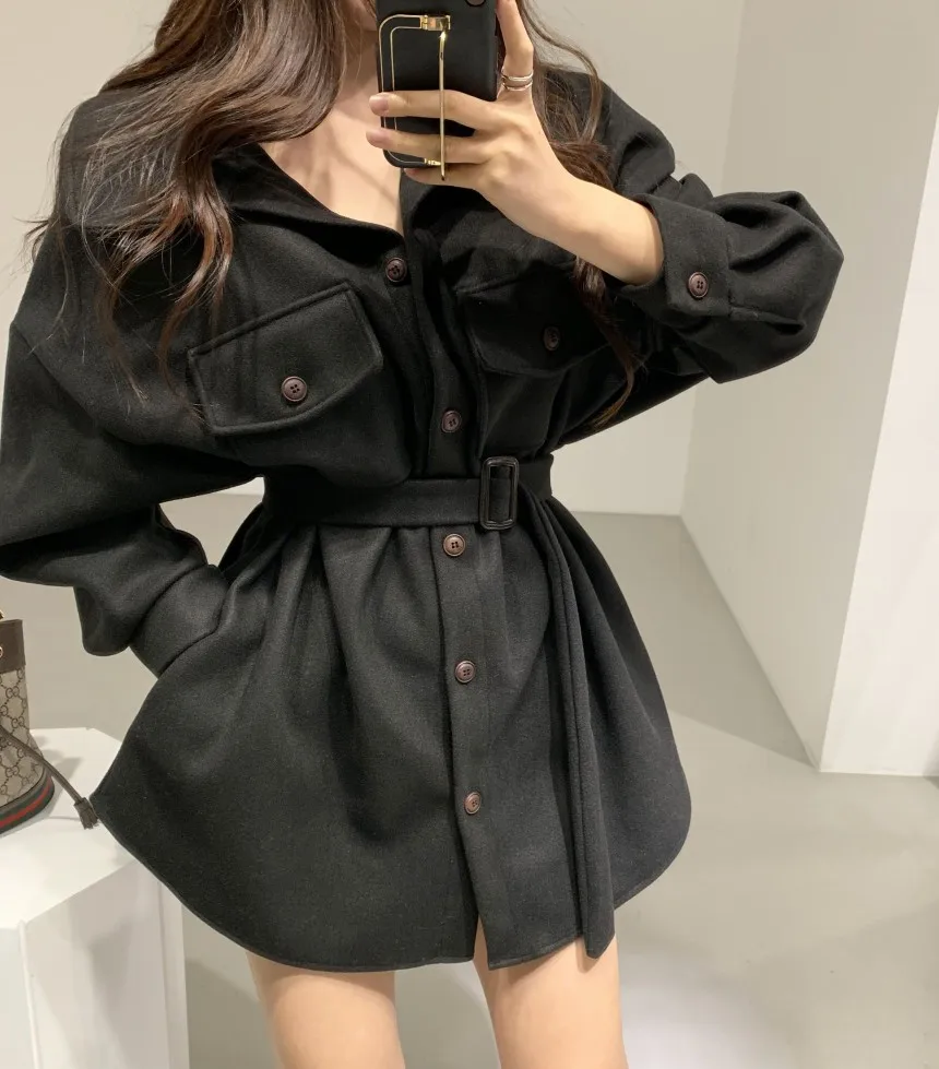 

Women New Fashion With Belt Loose Woolen Jacket Coat Vintage Long Sleeve Side Pockets Female Outerwear Chic Overcoat