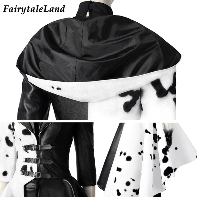 Костюм крееллы на Хэллоуин 2021 косплей королева зла черно-белое пальто вечернее