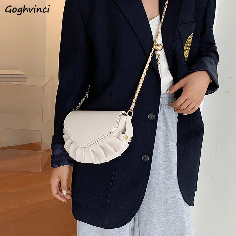 

Shoulder Bags Women Pleated Thread Saddle PU Leather Fashion Elegant Sweet OL Chains Cross-body Cloud Handbags Female All-match