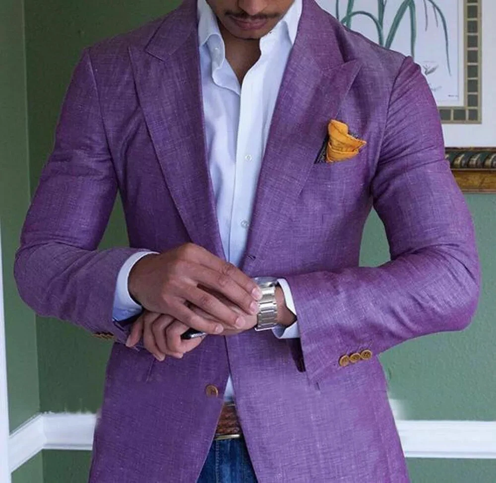 Purple Men's Linen Suits Summer Beach Jacket Slim Fit Suits For Men Tuxedo Groom Suits For Men Wedding Groomsman 1 PC