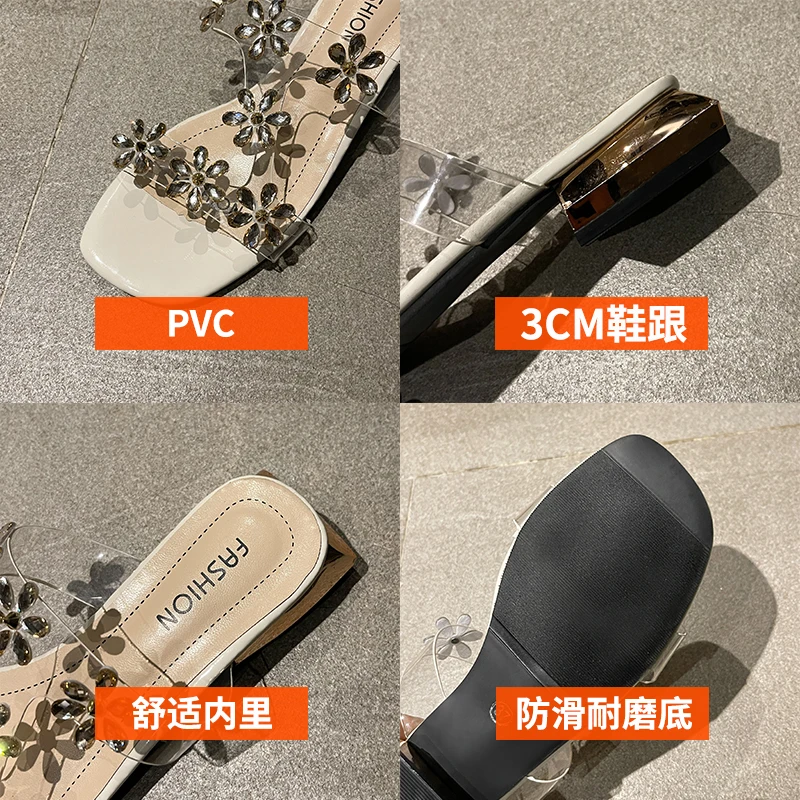 

Shoes Women Flower Med Slippers Summer Luxury Slides Pantofle Soft Designer 2021 Square heel Rubber PU Floral PVC Fashion