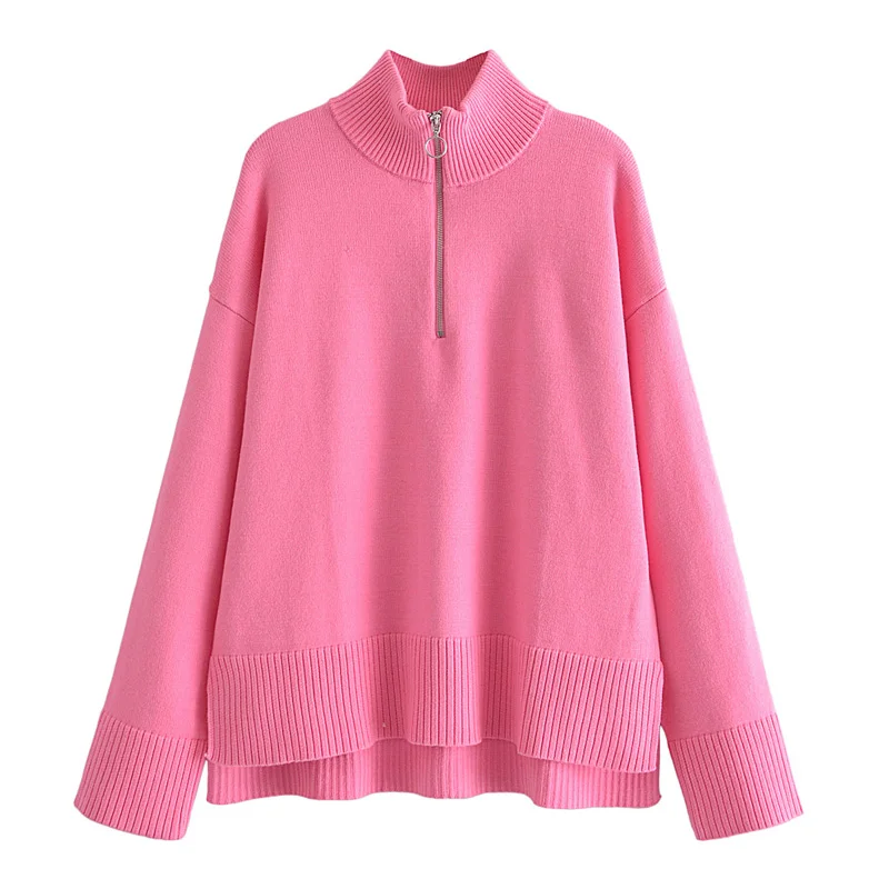 

Women 2021 za fashion zip-up loose knitted sweater vintage high neck long sleeve asymmetric hem female pullovers chic tops