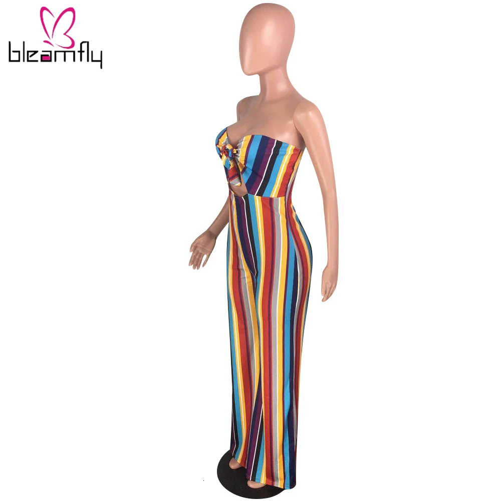 Женский летний цветной комбинезон в полоску без бретелек с завязками прямой
