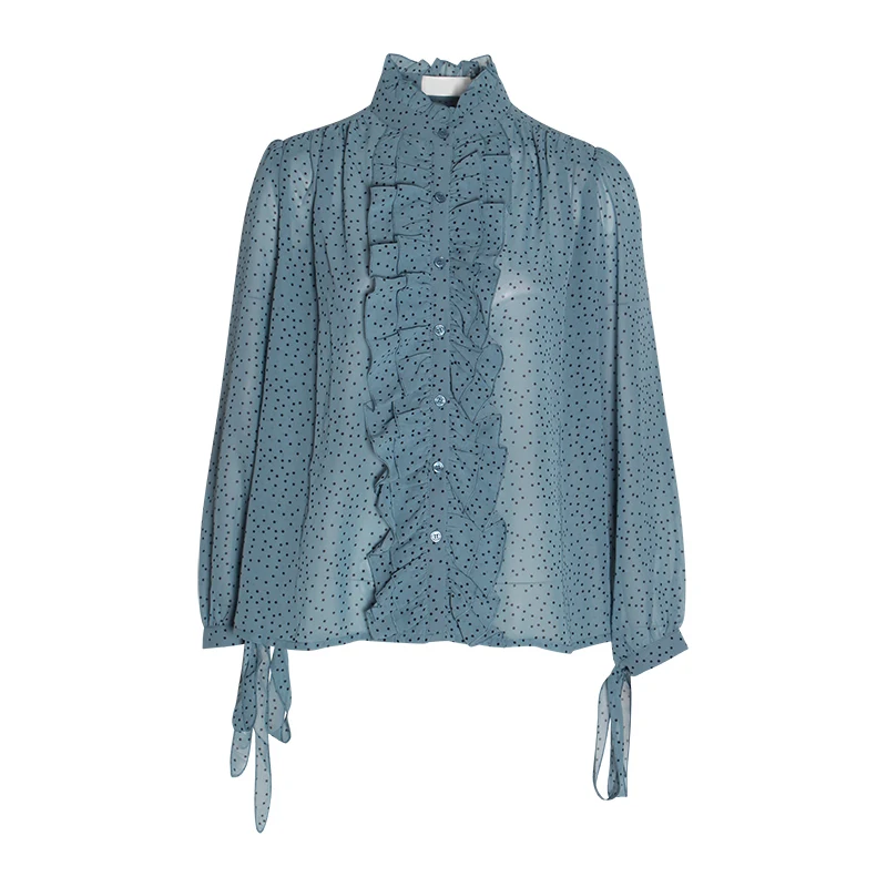 Женская блузка CHICEVER в горошек со стоячим воротником и рукавами-фонариками на