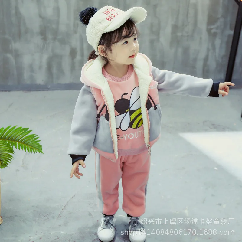 Baby Boys Girls Warm Set Winter Cartoon cat Kids Thickening Hooded Vest+Sweater+Pant Three-piece Sport Suits Children Clothing