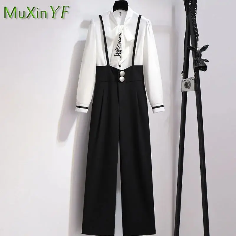 

Autumn Women Fashion White Shirt Black Overalls Pants Suit Korean Elegant Bow Blouse Top Slim Suspenders Trousers Two-piece Set