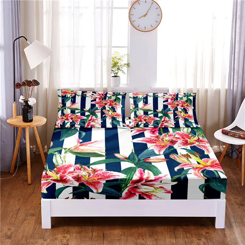 Cherry Blossoms 3pc Polyester Solid Fitted Sheet Mattress Cover Four Corners With Elastic Band Bed Sheet(2 pillowcases) |