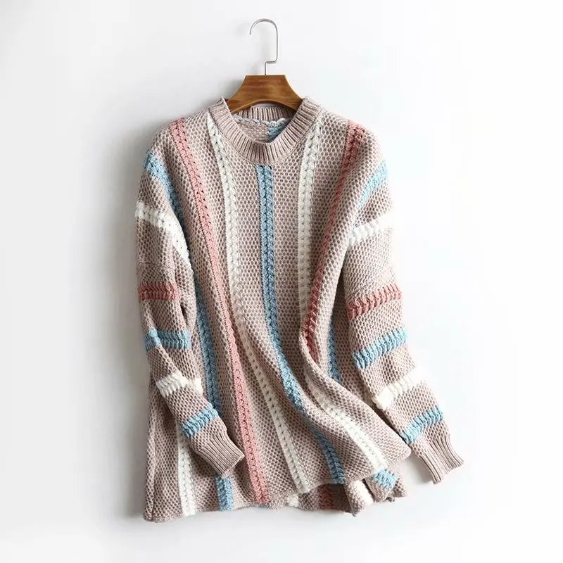 TMODA Za Winter Women 2021 Lantern Sleeve Striped Pull Sweater Jumpers Soft Knit Oversize Korean Thick Warm Sweaters | Женская одежда