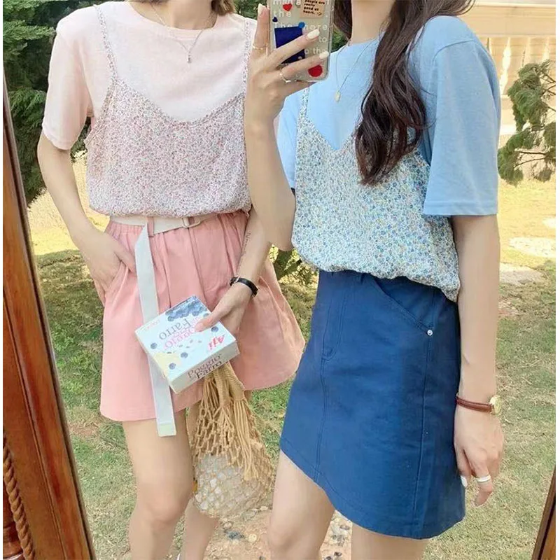 

2021 Spring Summer New Women T-shirt Korean Western Style Slim Solid Ladies Top Floral Strap Fake Two Pieces Short Sleeve Blouse