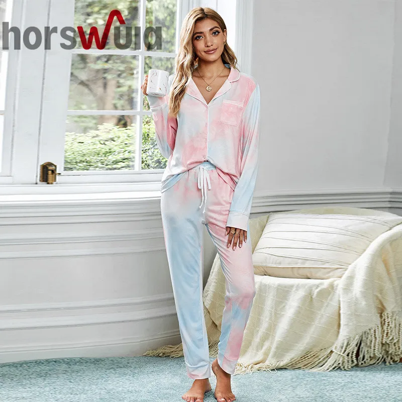 horswula Tie-dye Women's Pajamas Casual Knitted Sleepwear Long Sleeved Trouser Suits Winter Ladies Nightgown Home Clothes Set
