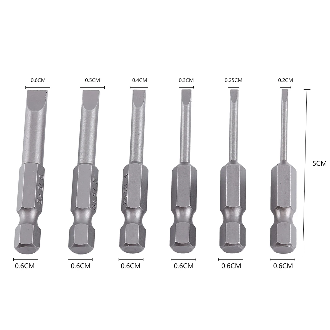 

6pcs 50mm 2.0-6.0mm 0.25 Hex Shank S2 Alloy Flat Head Magnetic Slotted Screwdriver Head Magnetic Tip Slotted Screwdriver Bits