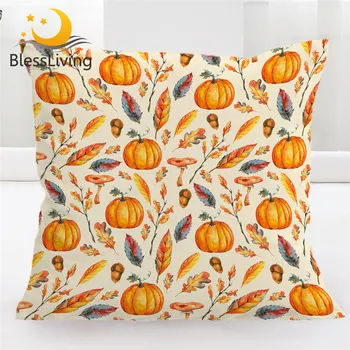 BlessLiving Pumpkins Cushion Cover Golden Leaves Decorative Pillow Case Autumn Throw Pillow Cover for Sofa Watercolor Kussenhoes 1