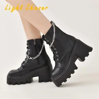 women gothic ankle boots zip punk style high heels platform shoes goth winter lace up booties thick heel sexy chain ladies boots