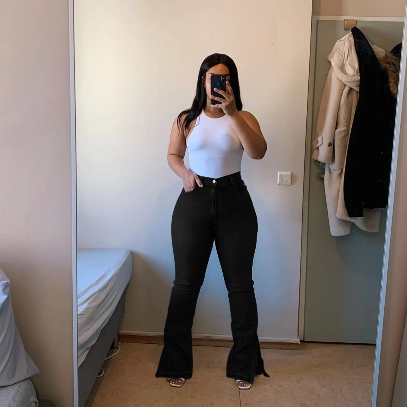 

Ladies flared pants hot sale jeans high waist flared pants women retro trousers casual slit jeans women slim jeans stretch jeans