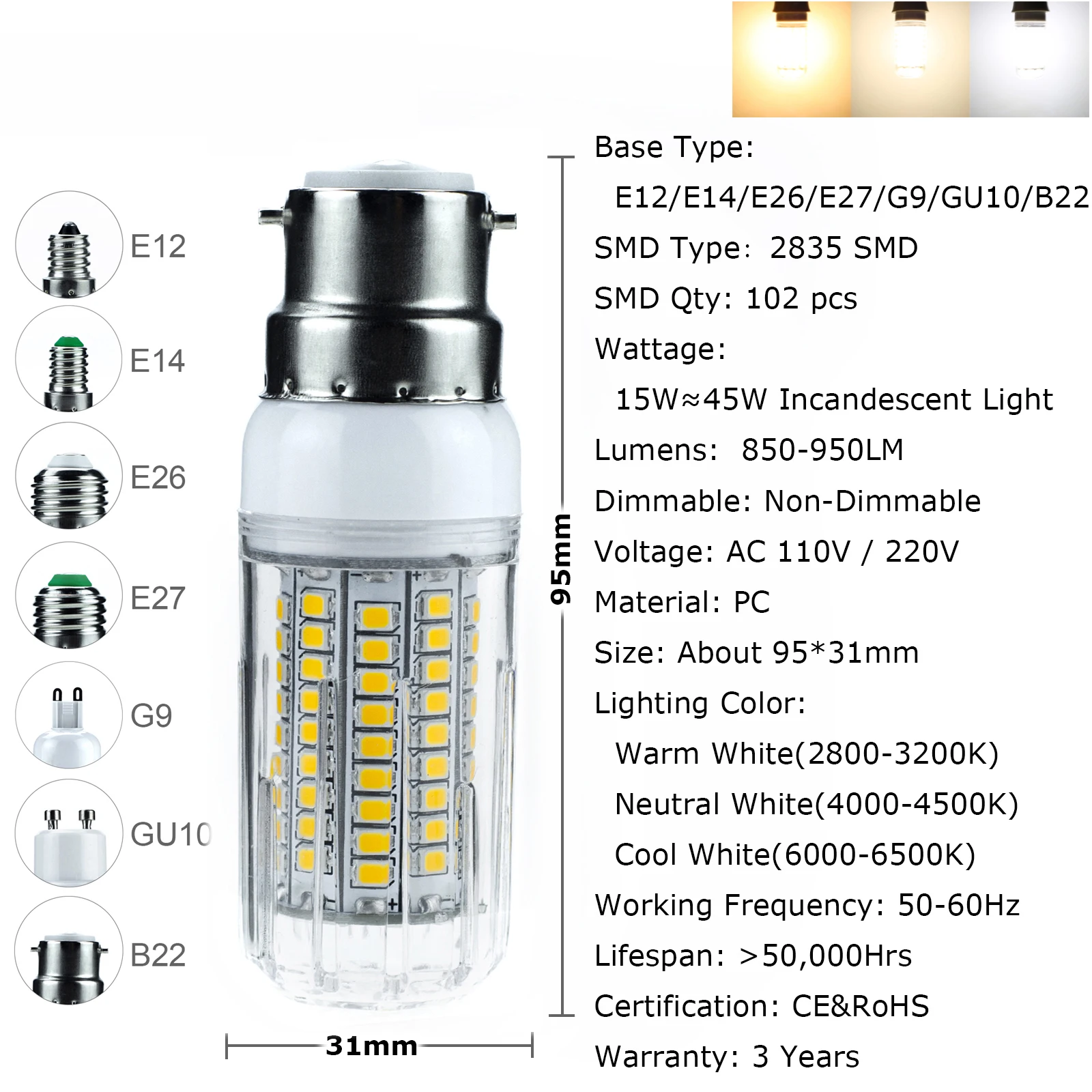 Светодиодный кукурузы лампочка E12 E14 E26 E27 B22 лампы 2835 SMD 110 220V 5 Вт 6 Вт, 15 Вт, 20-60 W 21 30 102 светодиодный S для Украшения дома и офиса - Испускаемый цвет: 15W 102LEDs