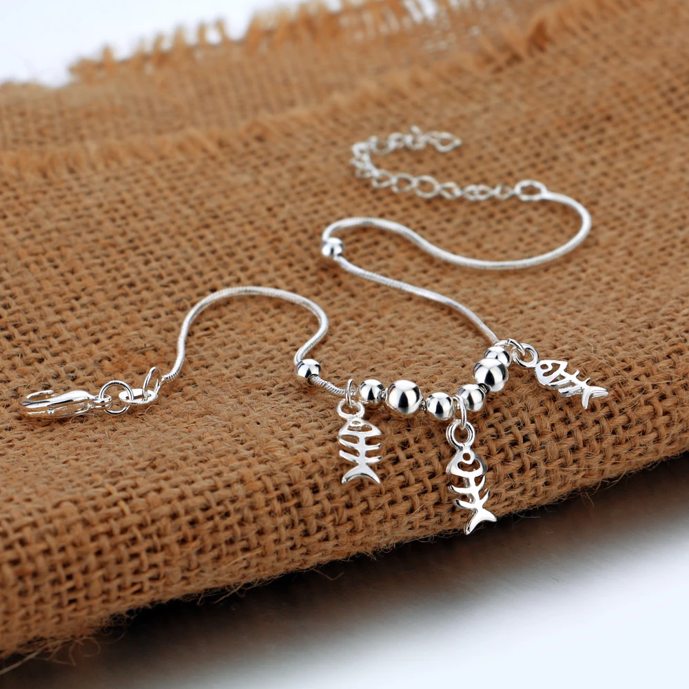 925 пробы серебро ножные браслеты для женщин Творческий Fishbone кулон чистого
