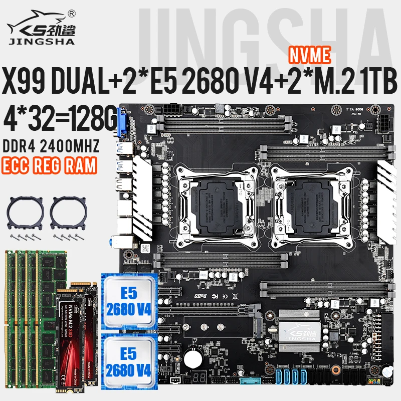 

Комплект материнской платы JINGSHA X99 LGA 2011-3 с E5 2680V4 и 4 шт. 32 Гб DDR42400MHZ ECC REG RAM и SSD M.2 1TBX2