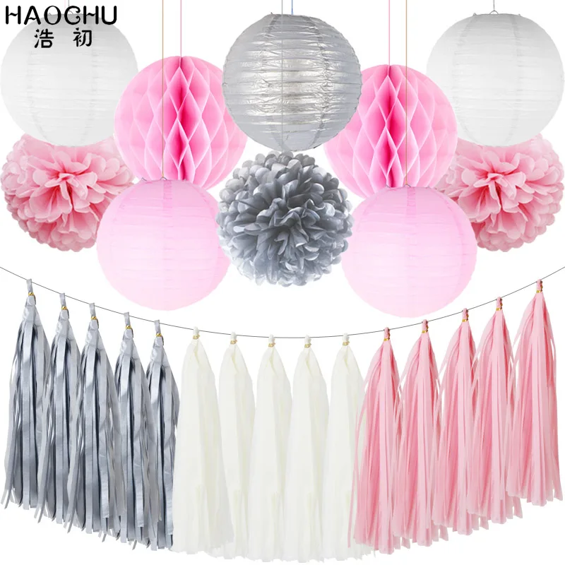 Pink Silver 25pcs/set Gold White Round Hanging Paper Ball Lanterns Honeycomb Tissue Pom Poms Tassel Birthday Wedding Theme Party Decorations - Цвет: Pink Silver