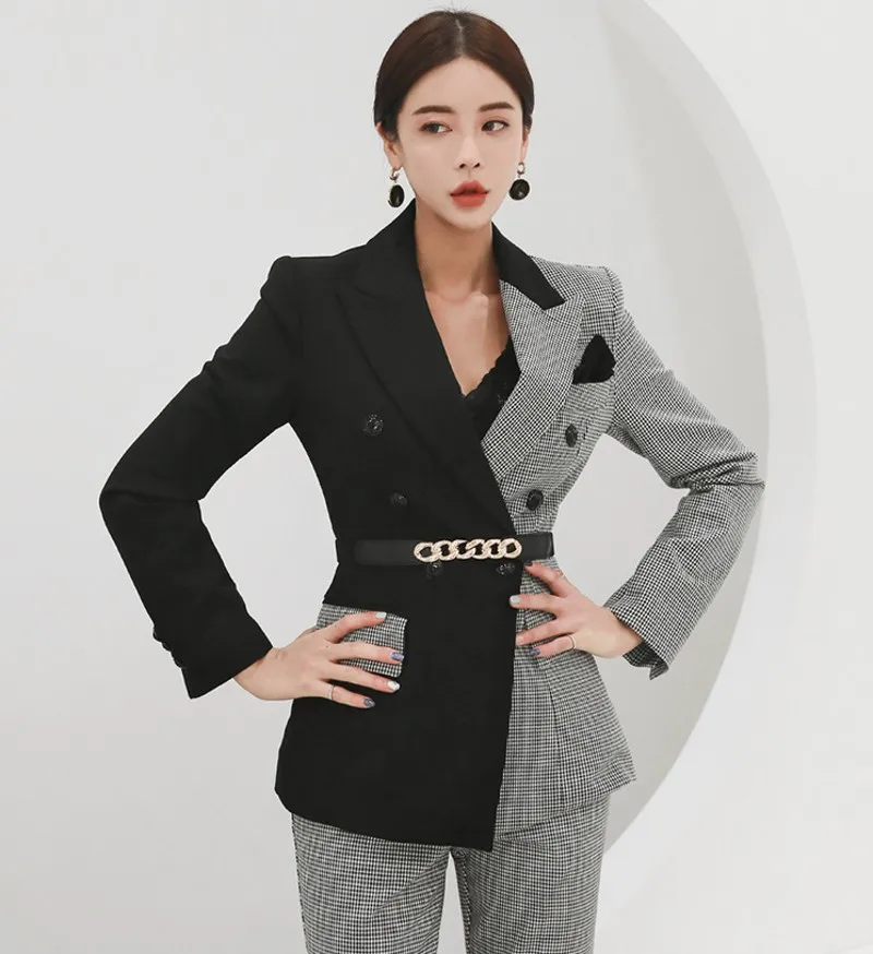 

Autumn Winter Plaid Women Pant Suit Korean V neck Blazer Jacket + Pencil Pant Office Wear Sets