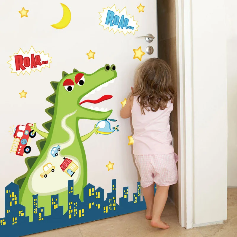 

Dinosaur Kids Room Cartoon Sticker Wallpaper Window Mural Children Wardrobe Stickers Home Wall Kindergarten Decor Wall Stickers