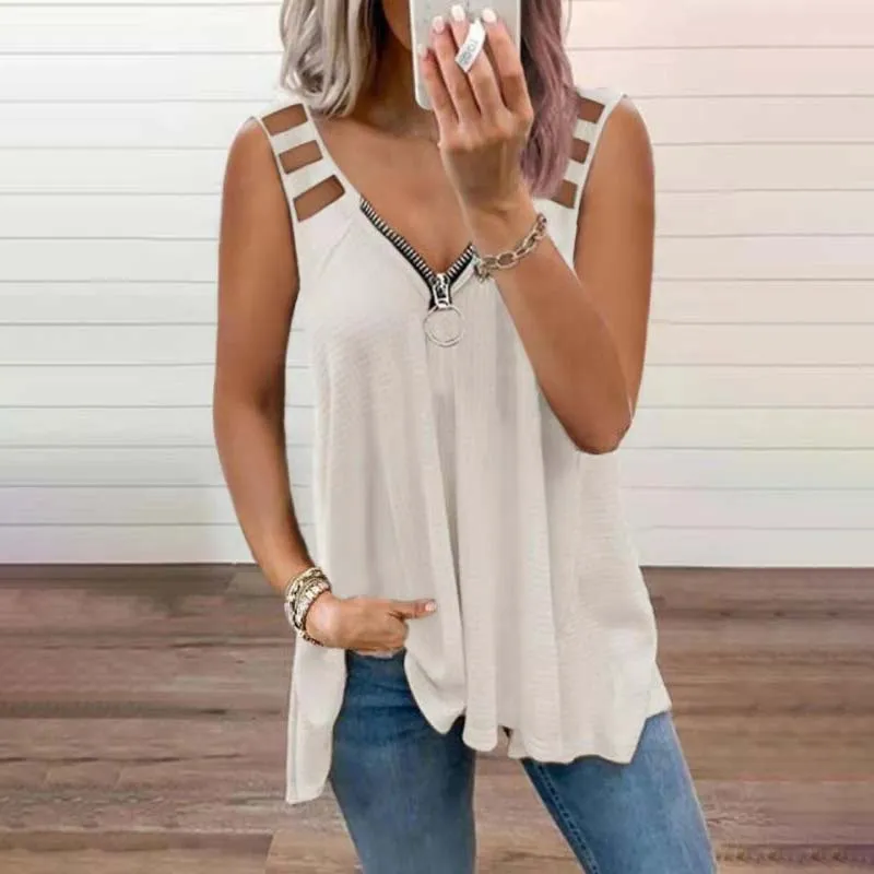 

Sexy V Neck Sleeveless Zipper Tank Top Women T Shirt Shoulder Strap Solid Color Vest Tops Summer Plus Size Streetwear Tee Shirts