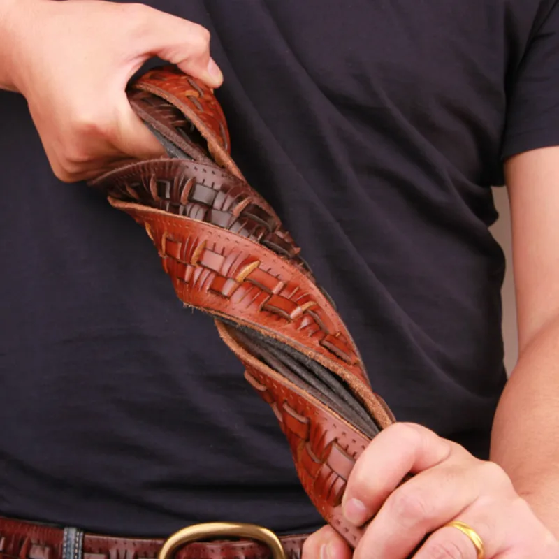

New Fashion Top Layer Pure Cowhide Genuine Leather Men Belt Manual Knitted Belts Retro-style Needle Button Copper Buckle Strap