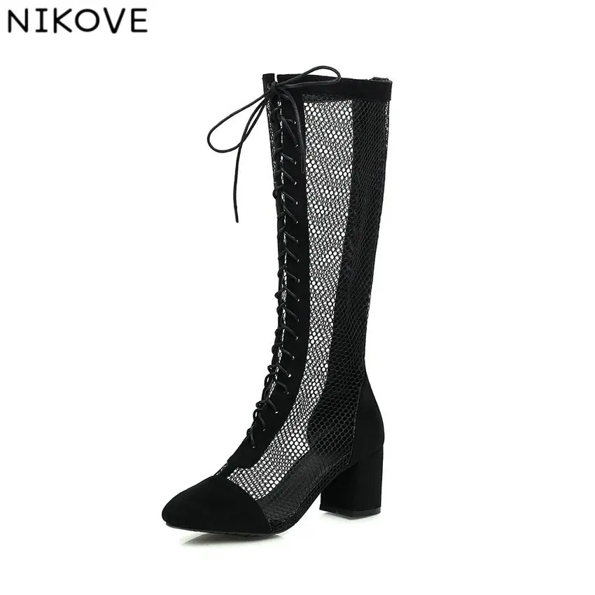 

NIKOVE 2020 Women Summer Shoes Square High Heel Mesh Zipper Black Boots Knee High Boots Peep Toe Classic Woman Shoes Size 34-43