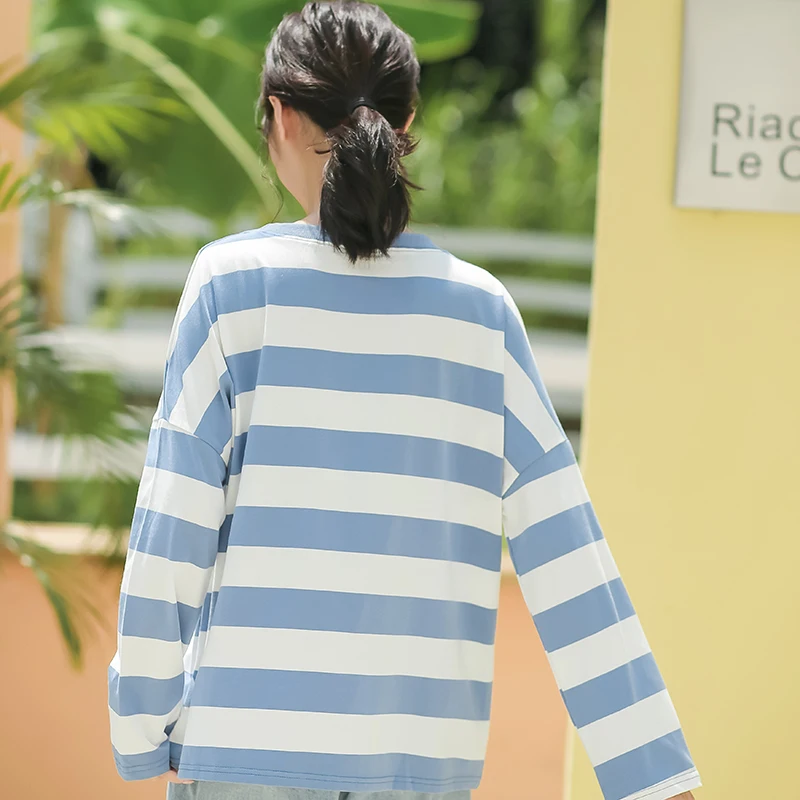

2019 Autumn New T-Shirts Women Tops Round Neck Loose Striped T Shirt Korean Style Blue Tee Shirts
