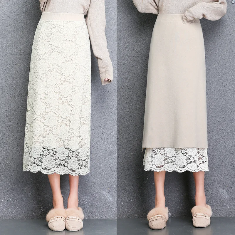 Двусторонняя одежда трикотажная юбка 2019 пакет бедра длинное шерстяное кружево