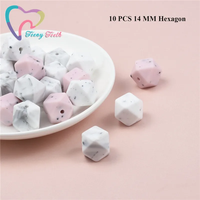 10 PCS 14 MM Hexagon 10 шт мраморные и разноцветные шестигранные бусины 14-17 мм, силиконовые бусины для прорезывания зубов, Пищевая силиконовая бижутерия для детей, безопасные игрушки, бусины - Цвет: 10 PCS 14 MM Hexagon