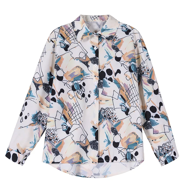 

Shirts Women 2021 Spring Retro Printed Loose Long-sleeved Shirt Splicing Turndown Collar Blouse Office Ladies Professional Shirt