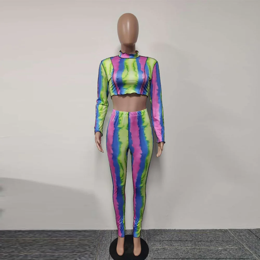 

2021 Women 2 Piece Matching Set Club Outfit Colorful Tie Dyeing Print Full Sleeve Short Top Fitness Pant Lounge Wear Tracksuits