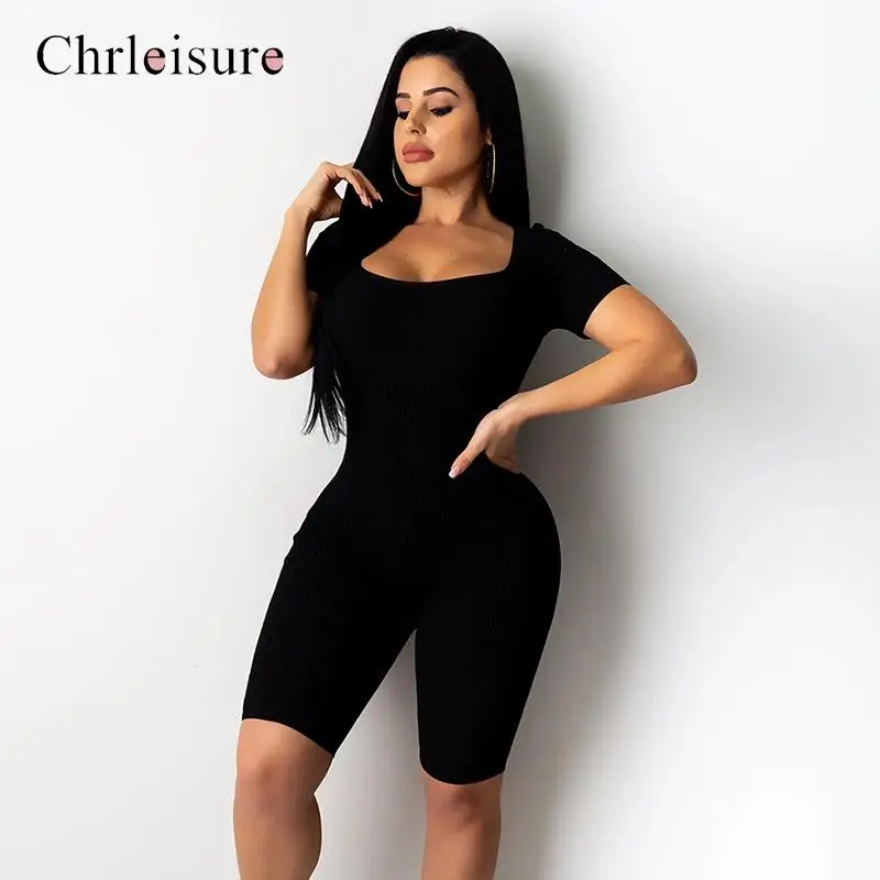 Summer Bodycon playsuit Women Backless Lace Up Sexy Rompers Short Sleeve Push Streetwear Solid Ribbed Jumpsuit |