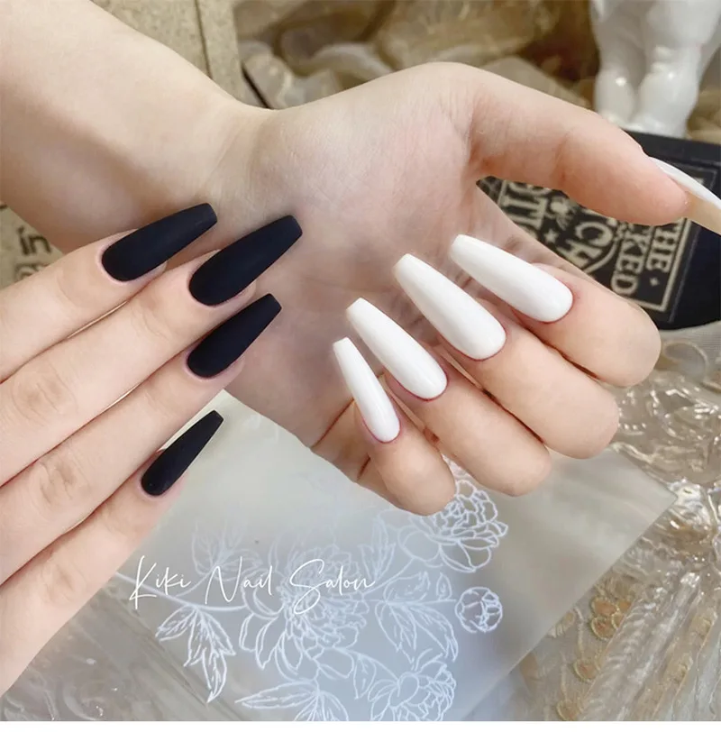 Lamemoria 24Pcs/Box Black White Mix Fake Nails Long French Ballet False Nail Press on Tip Art Decoration | Красота и здоровье