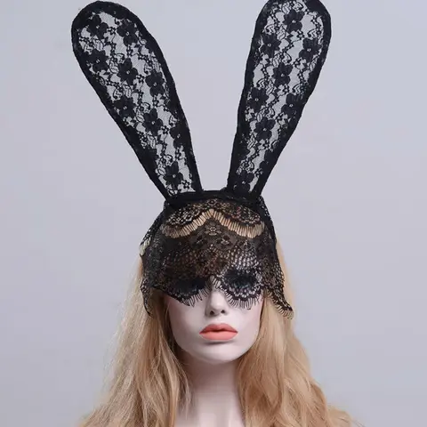 Костюм для Хэллоуина вечерние кроличий ободок с заячьими ушами с кружевная маска на глаза черные аксессуары праздничный костюм маска для лица