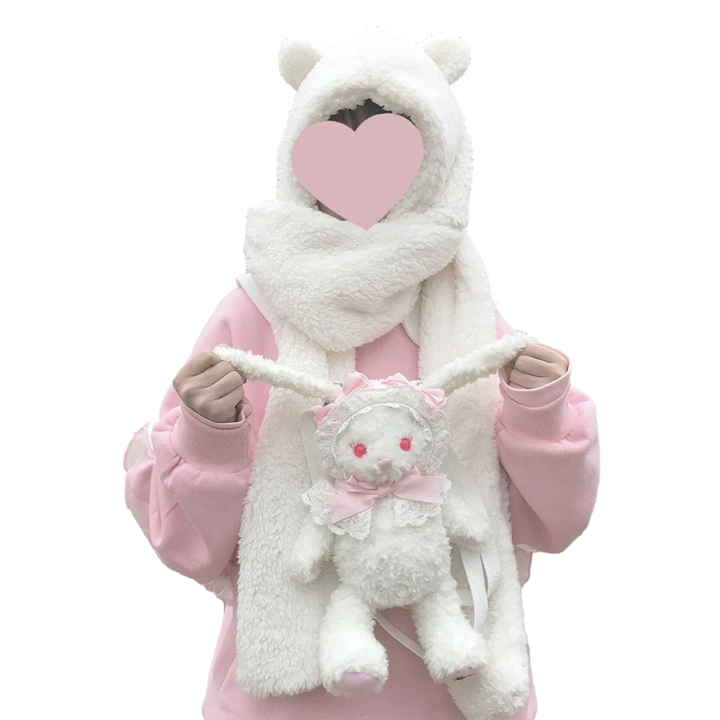 Японский женский теплый шарф Kawaii Bear зимний мягкий плюшевый с капюшоном шапка