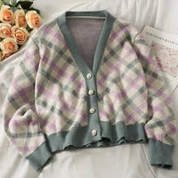 women plaid knitted sweater cardigan autumn check v neck long sleeve female short jumpers casual loose ladies sweaters