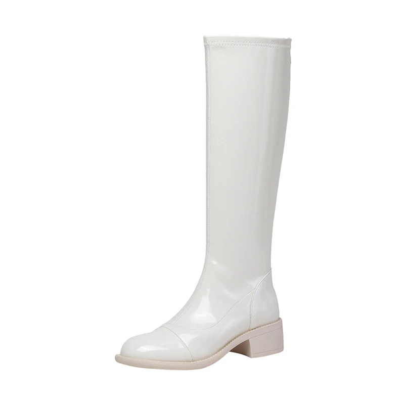 

ANNYMOLI Riding Boots Woman Med Heel Knee High Boots Chunky Heel Long Boots Zipper Round Toe Female Shoes Autumn Winter Beige 40