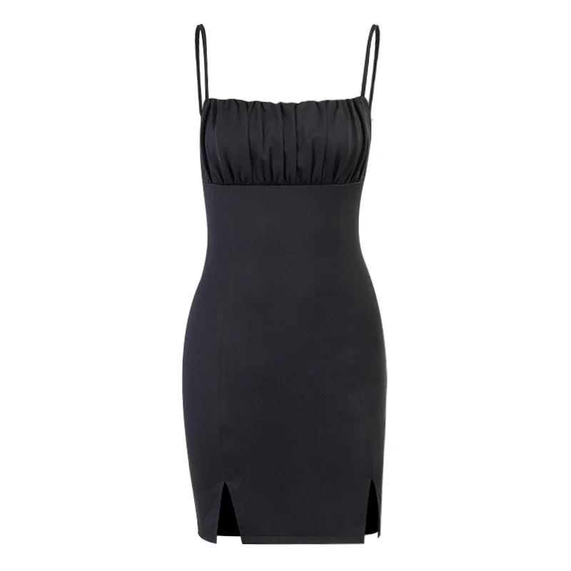 

Slinny Solid Sexy Spaghetti Straps Sleeveless Mini Dress Pleated Metal Decoration Fashion Skinny Dresses Women