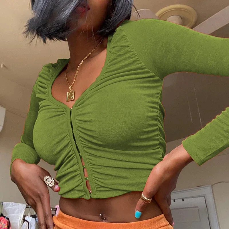 

Long Sleeve Crop Top Y2K V Neck Autumn 2021 New Sexy Basic Slim Fashion Club Streetwear Orange Green Vintage Ruched T Shirt Tops