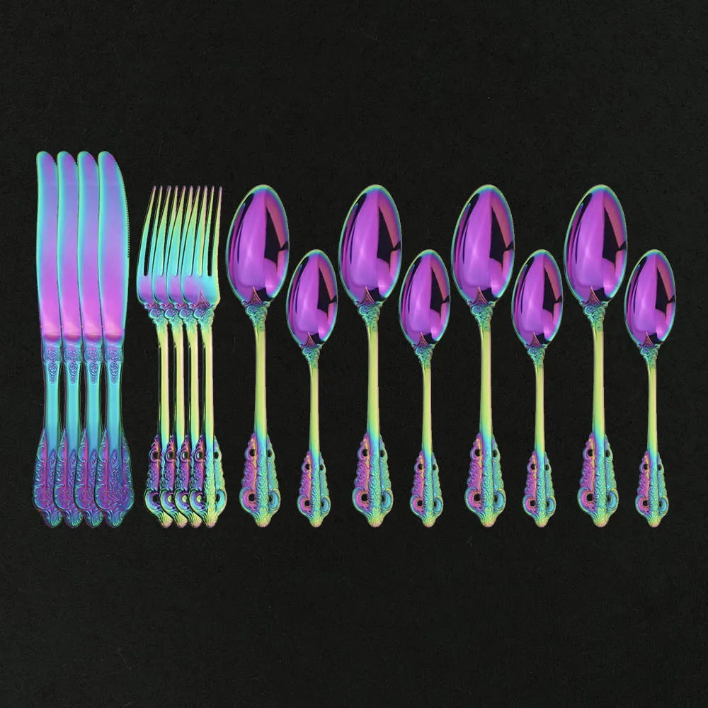 

Vintage Western Rainbow Plated Cutlery 16pcs Dining Knives Forks Teaspoons Set Golden Luxury Dinnerware Engraving Tableware Set