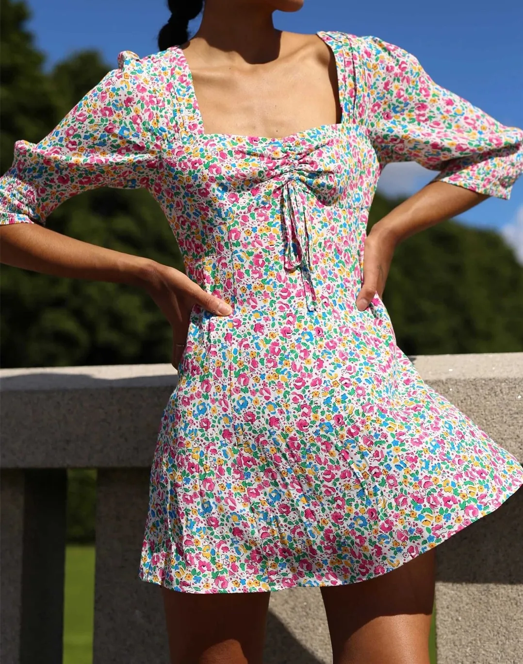 

Square Collar Women Floral Drawstring Mini Dress 2021 New Spring Summer Puff Sleeve Pleated Slim Short Dresses