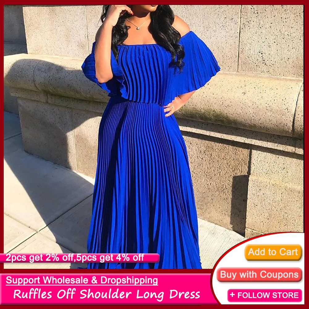 Женское длинное плиссированное платье макси с открытыми плечами|Женские платья|
