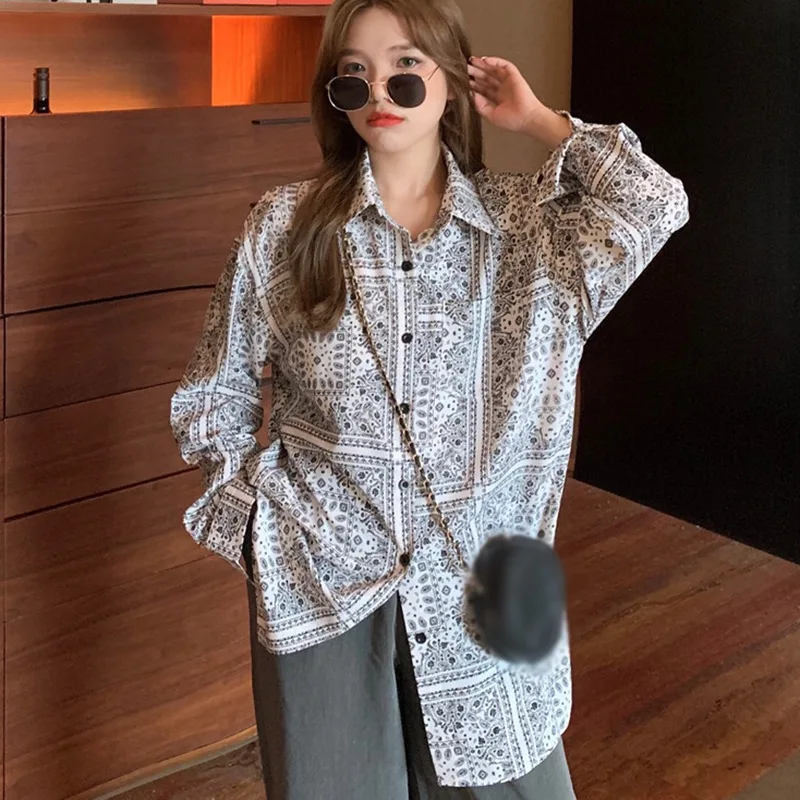 

Jlong Fashion Printing Retro Blouse Loose Long-sleeved Shirts Spring Lapel Blouse Female Tops