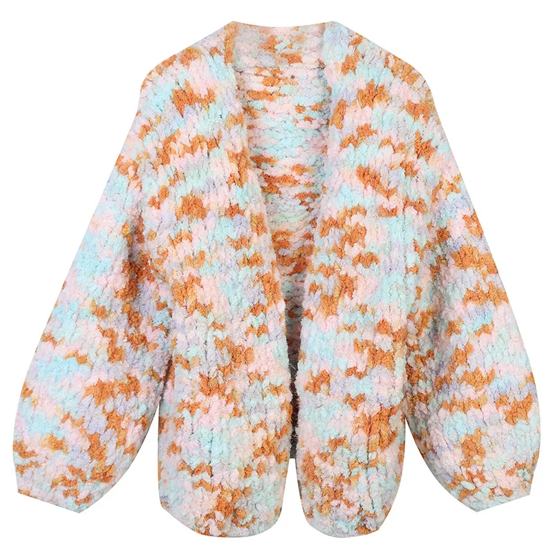 

Новинка Осень-зима 2021, вязаный кардиган контрастных цветов, свитер, женское свободное плотное вязаное пальто большого размера, корейские же...